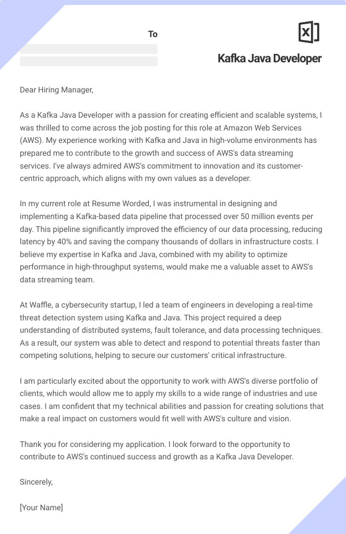 Kafka Java Developer Cover Letter