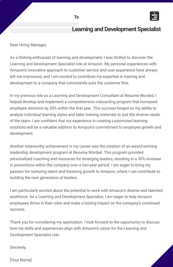 Learning and Development Specialist Cover Letter