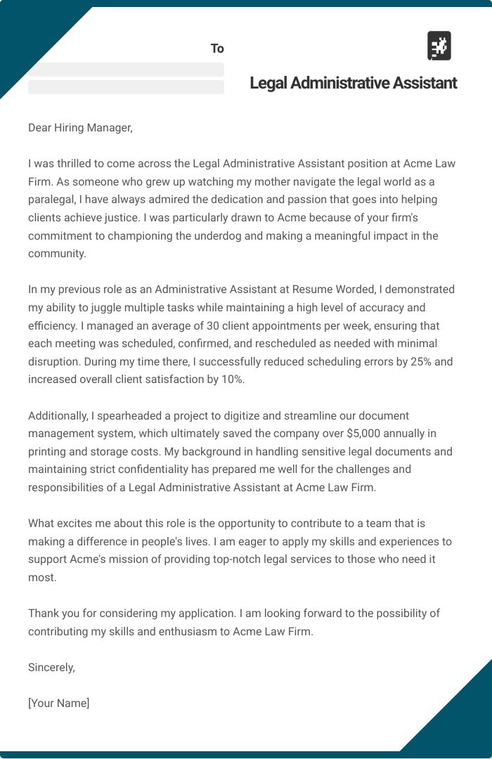 Legal Administrative Assistant Cover Letter