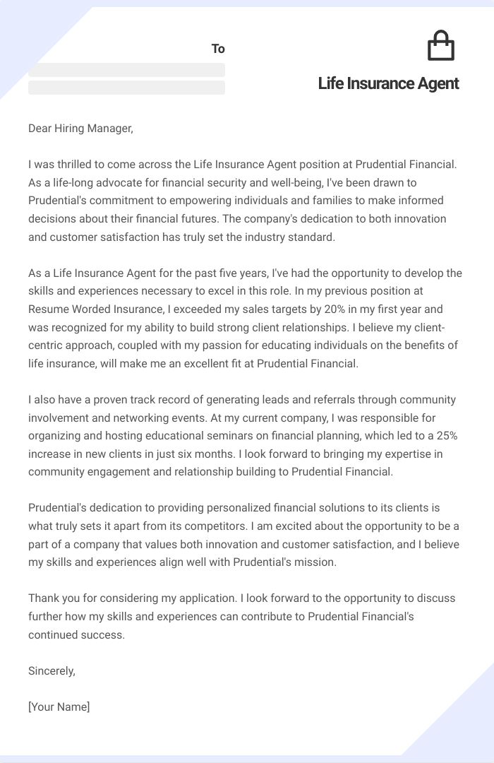 Life Insurance Agent Cover Letter