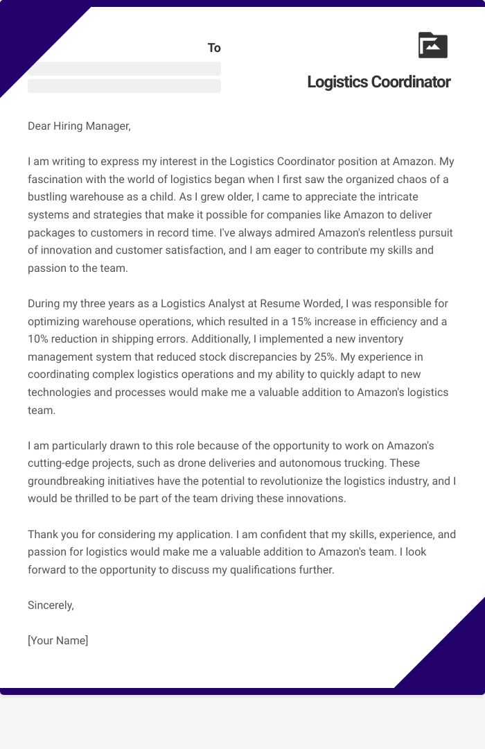 Logistics Coordinator Cover Letter