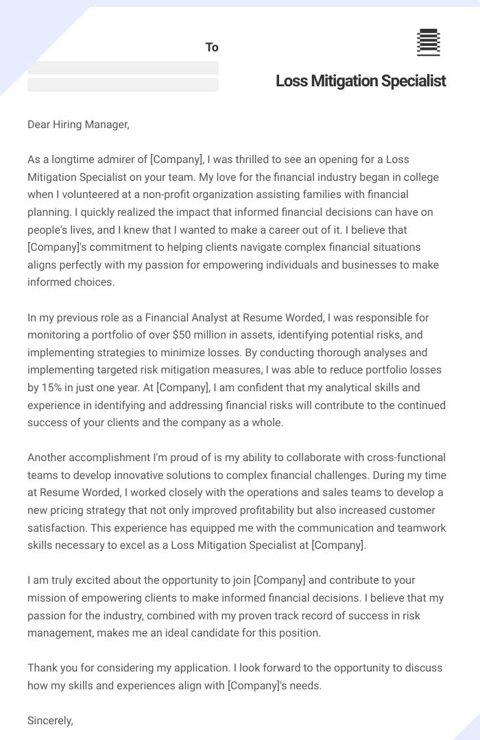 Loss Mitigation Specialist Cover Letter