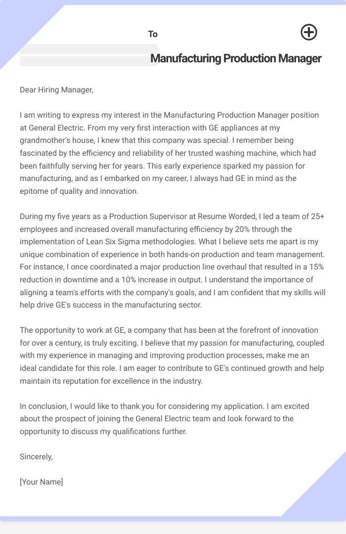 Manufacturing Production Manager Cover Letter