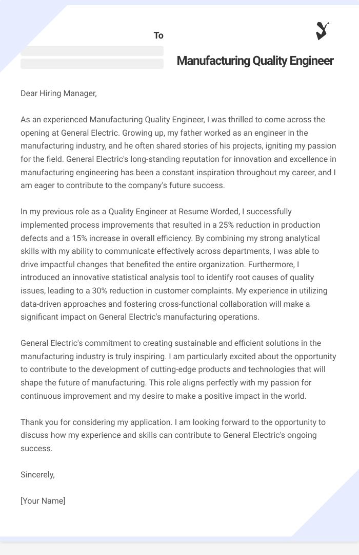 Manufacturing Quality Engineer Cover Letter
