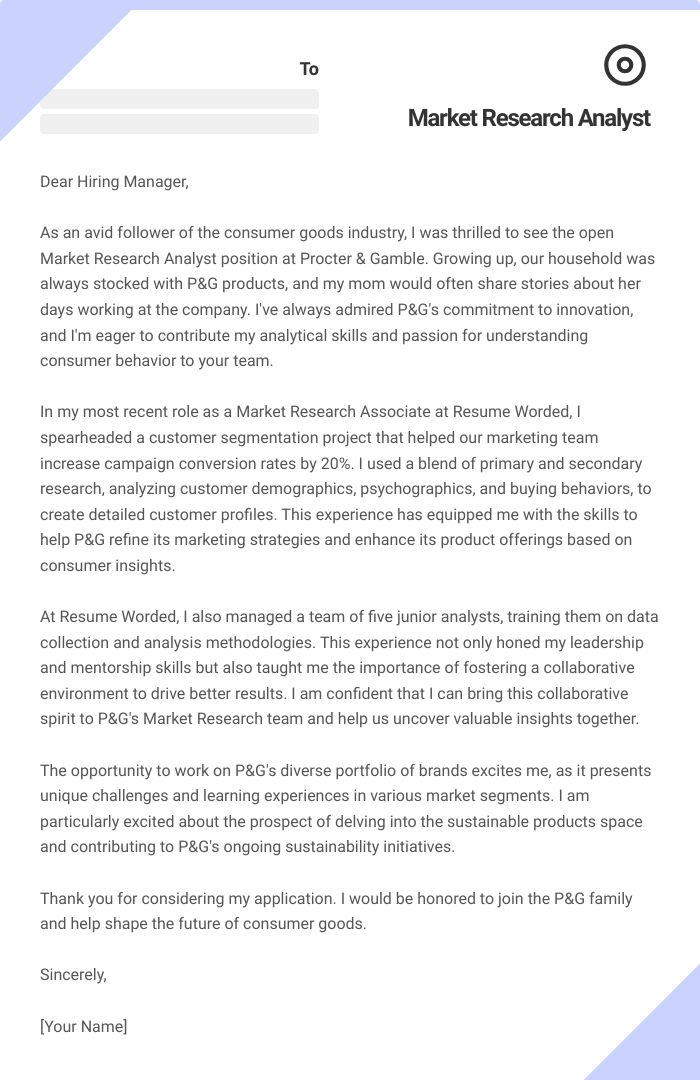 Market Research Analyst Cover Letter