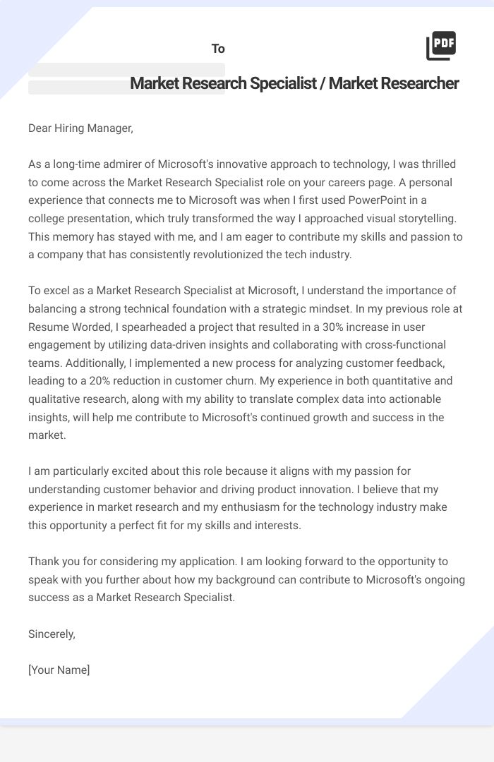 Market Research Specialist / Market Researcher Cover Letter