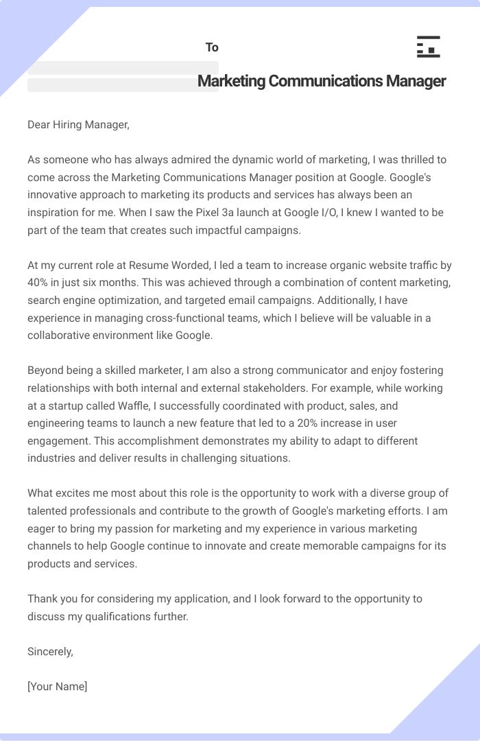 Marketing Communications Manager Cover Letter