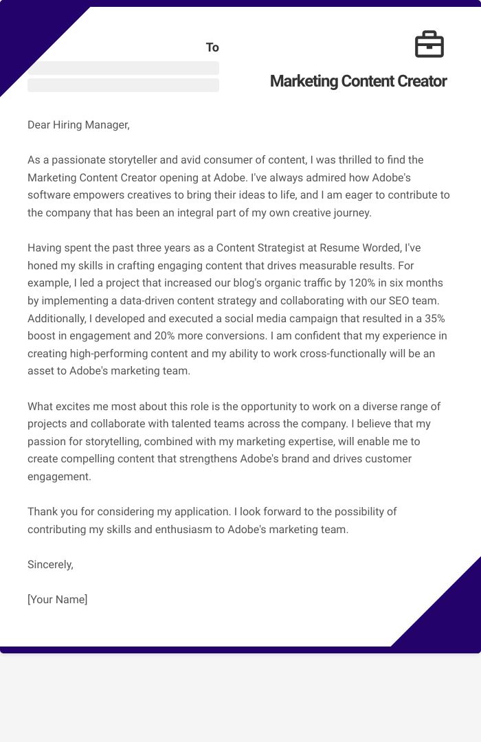 Marketing Content Creator Cover Letter