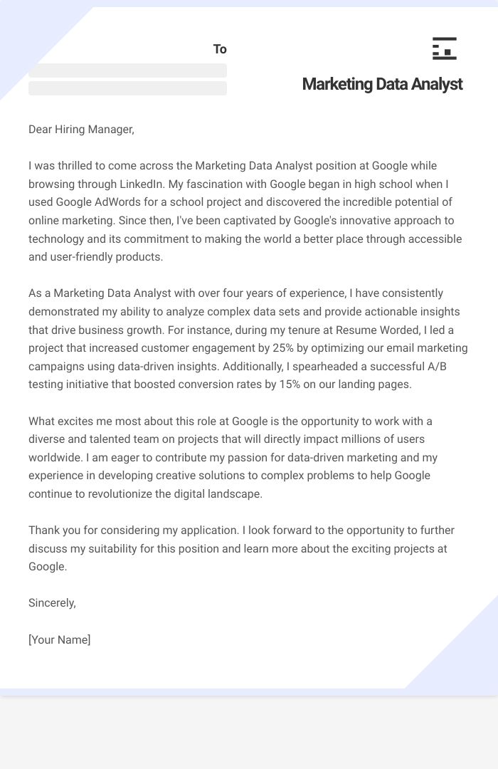 Marketing Data Analyst Cover Letter