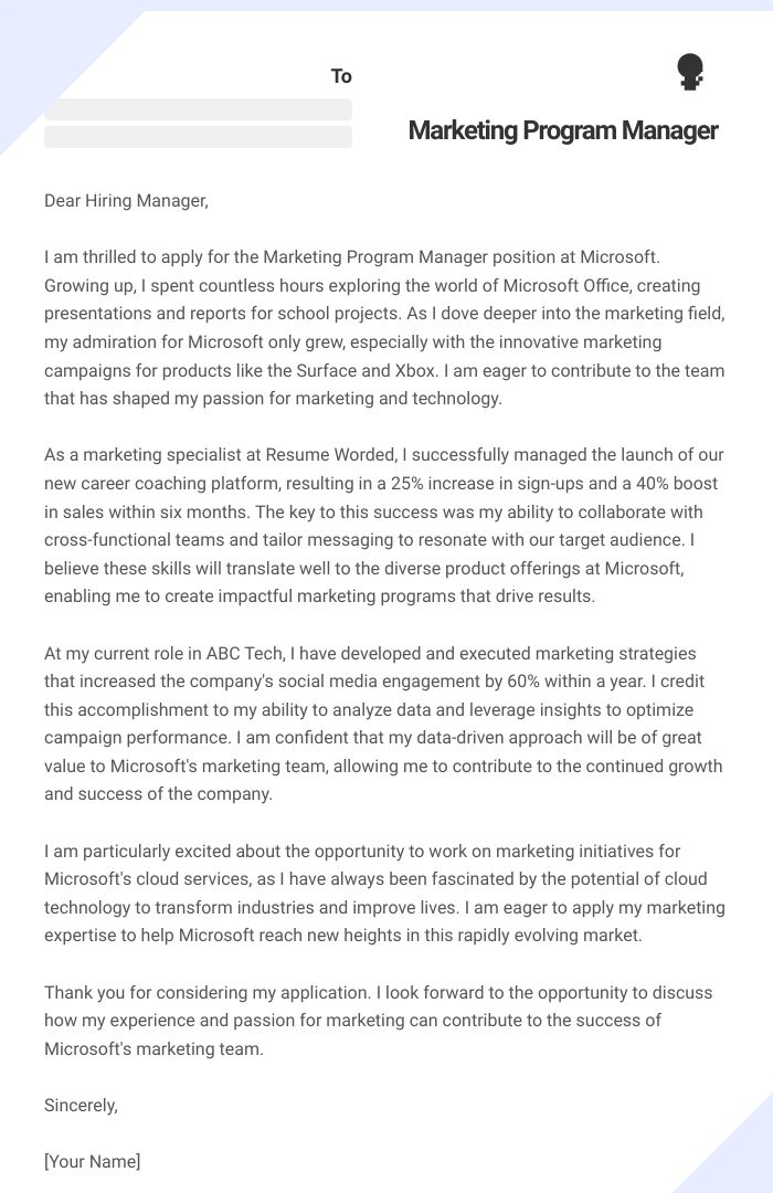 Marketing Program Manager Cover Letter