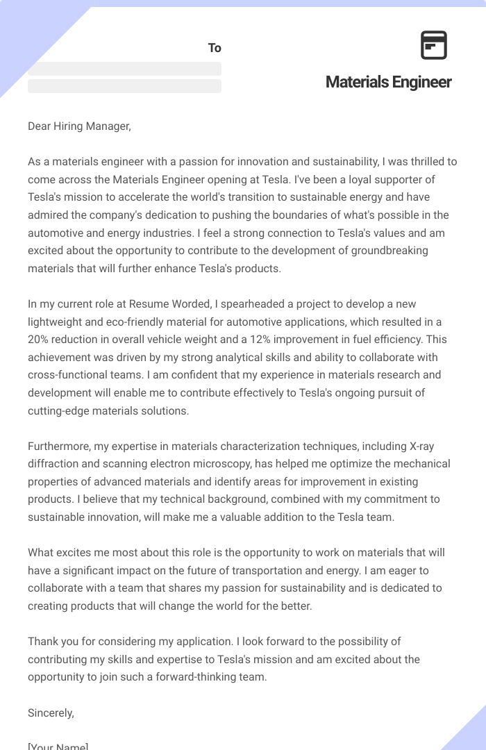 Materials Engineer Cover Letter