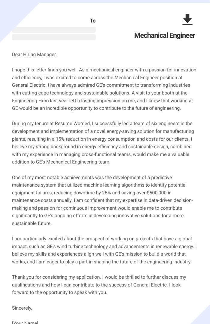 Mechanical Engineer Cover Letter