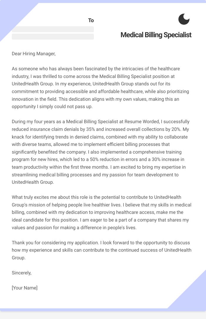 Medical Billing Specialist Cover Letter