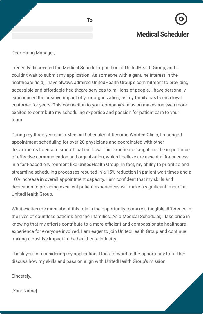 Medical Scheduler Cover Letter