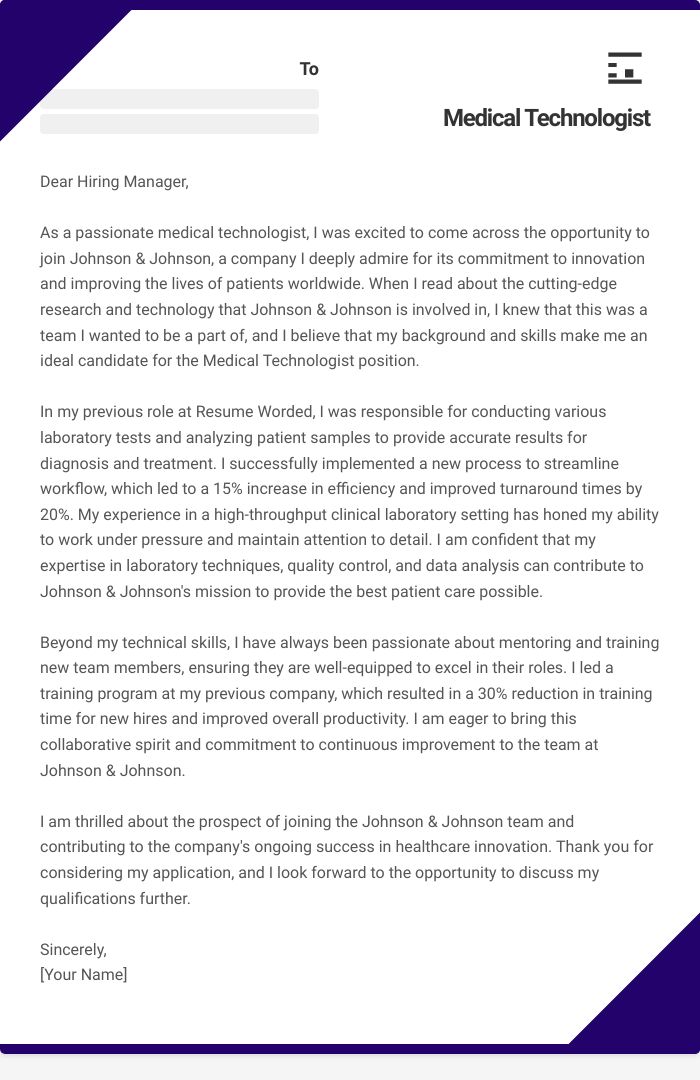 Medical Technologist Cover Letter