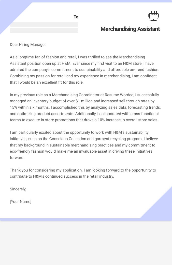 Merchandising Assistant Cover Letter