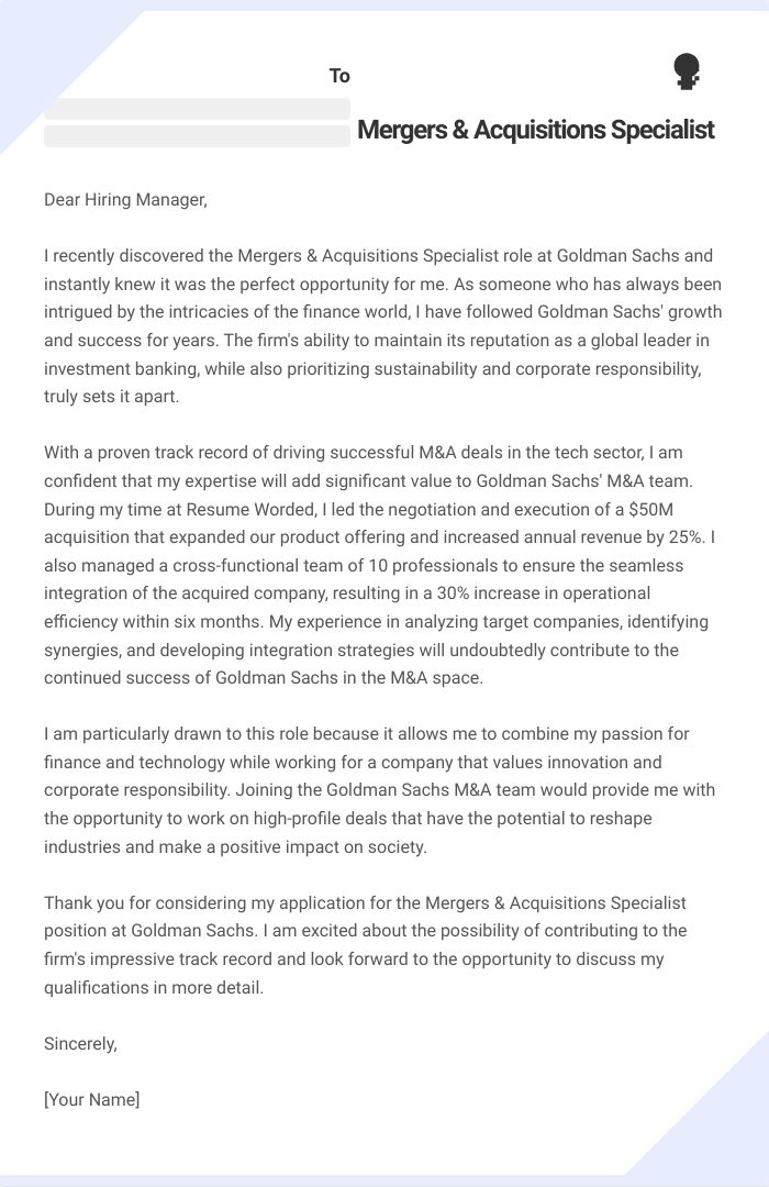Mergers & Acquisitions Specialist Cover Letter