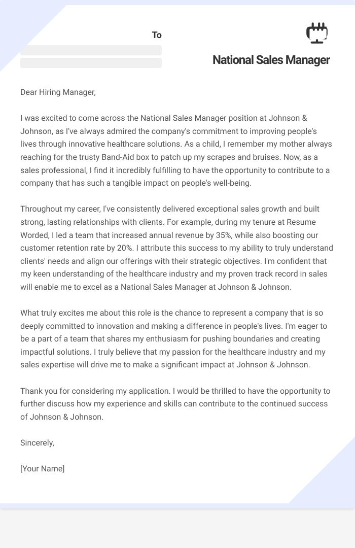 National Sales Manager Cover Letter