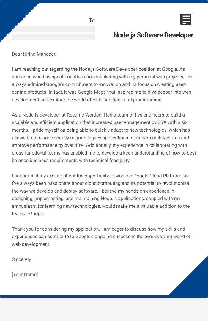 Node.js Software Developer Cover Letter