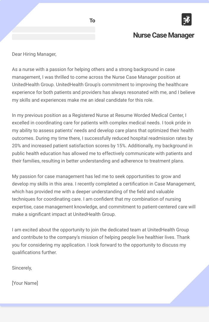 Nurse Case Manager Cover Letter