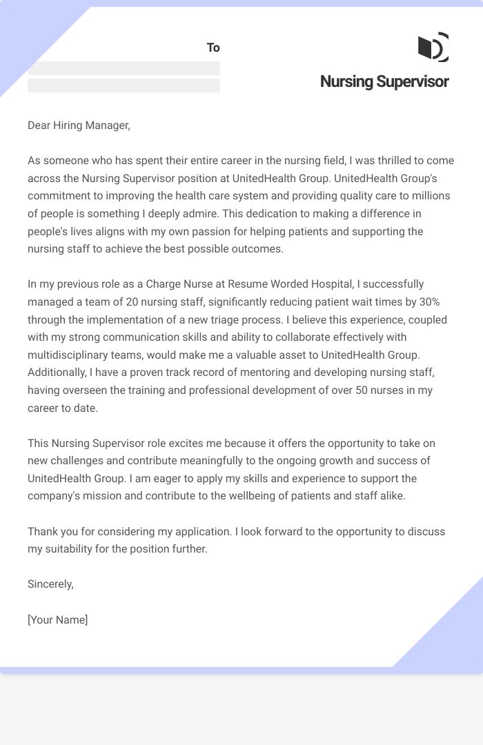 Nursing Supervisor Cover Letter
