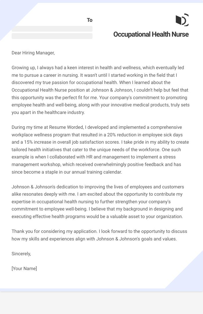 Occupational Health Nurse Cover Letter