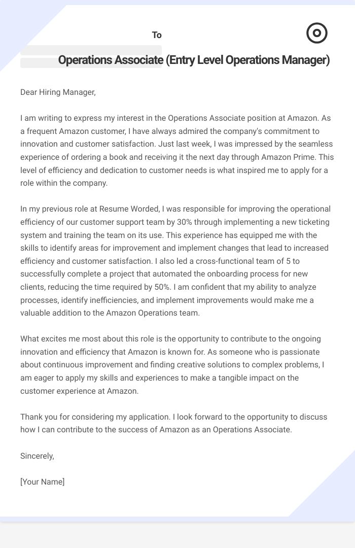 Operations Associate (Entry Level Operations Manager) Cover Letter