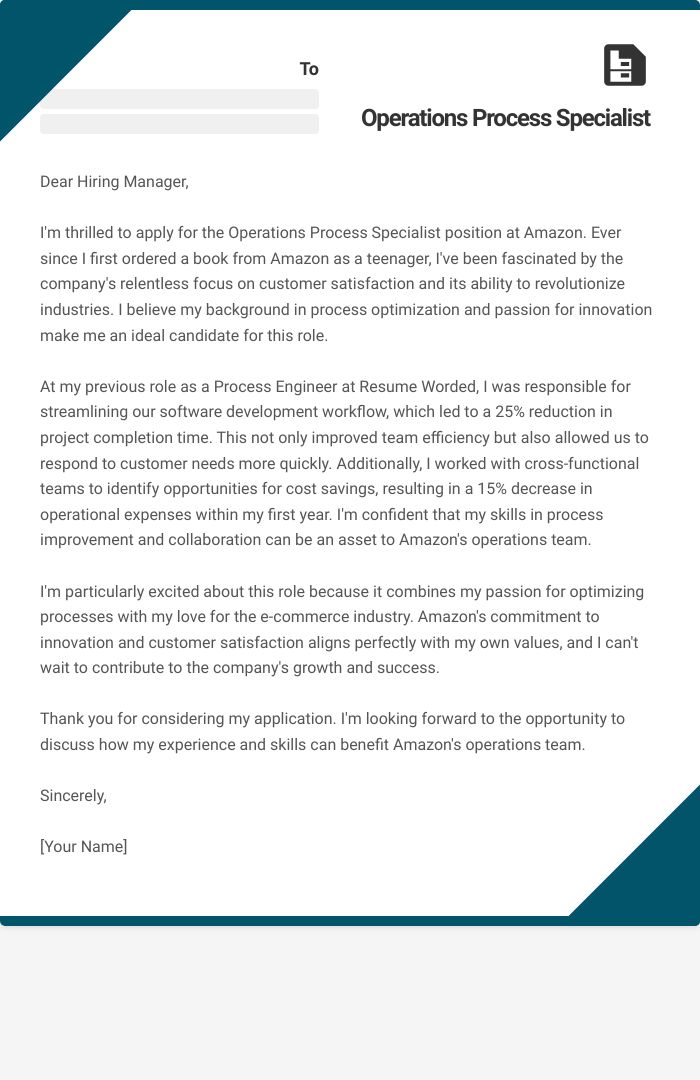 Operations Process Specialist Cover Letter