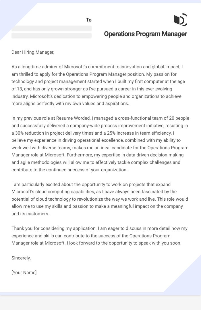 Operations Program Manager Cover Letter