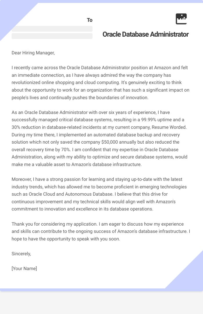 Oracle Database Administrator Cover Letter