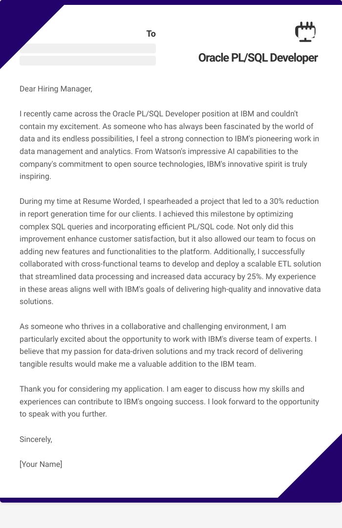 Oracle PL/SQL Developer Cover Letter