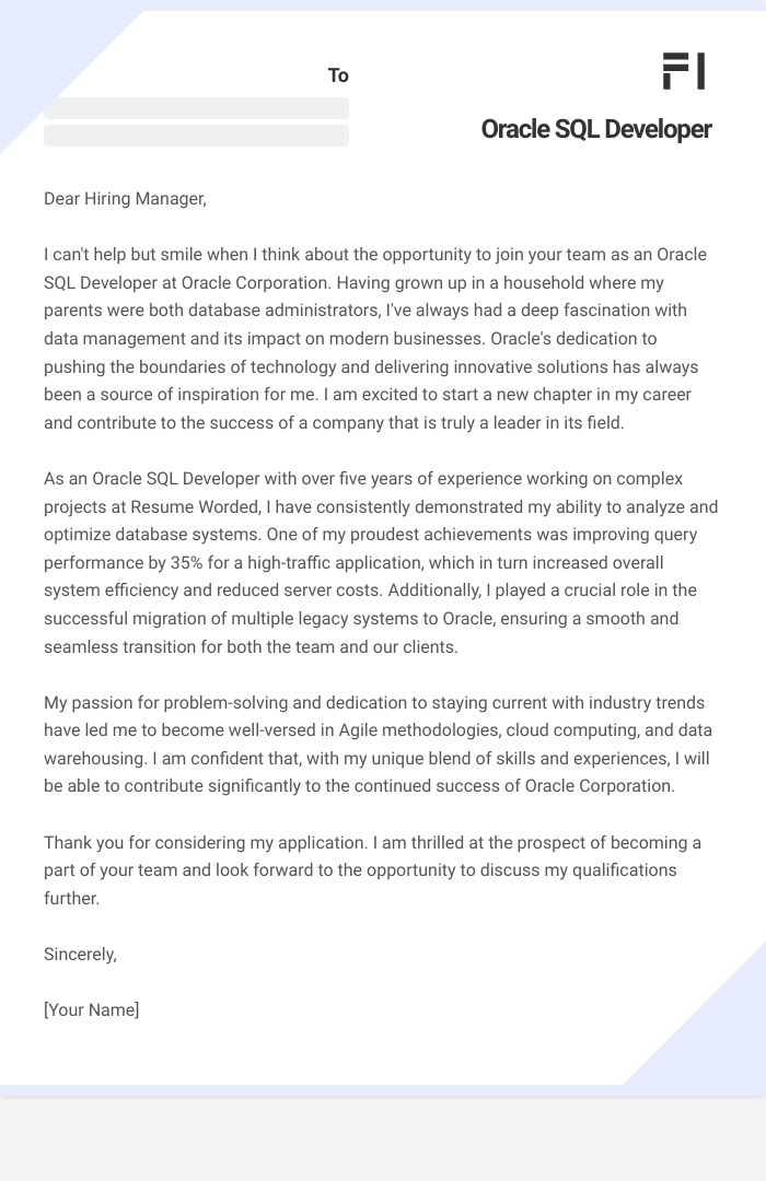 Oracle SQL Developer Cover Letter
