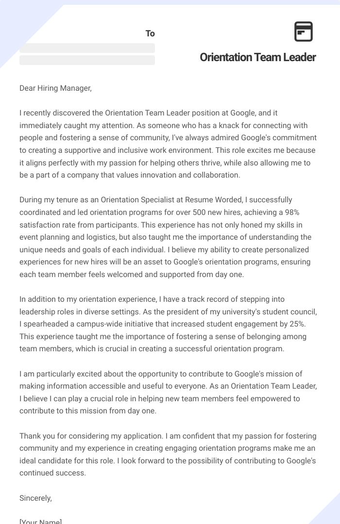 Orientation Team Leader Cover Letter