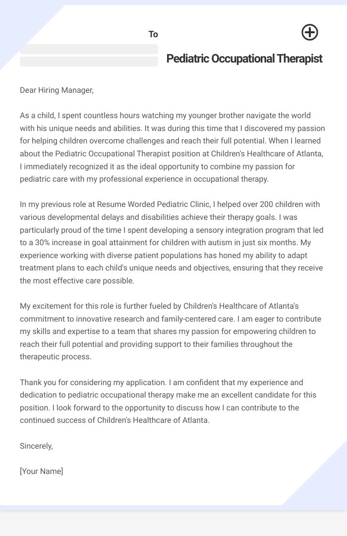 Pediatric Occupational Therapist Cover Letter