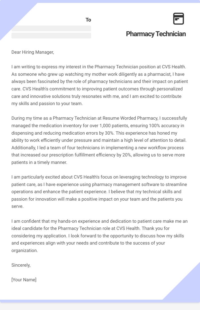 Pharmacy Technician Cover Letter