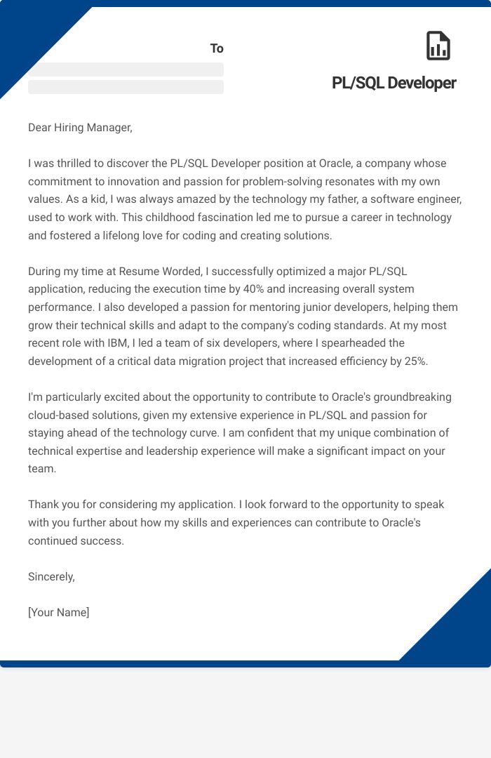 PL/SQL Developer Cover Letter