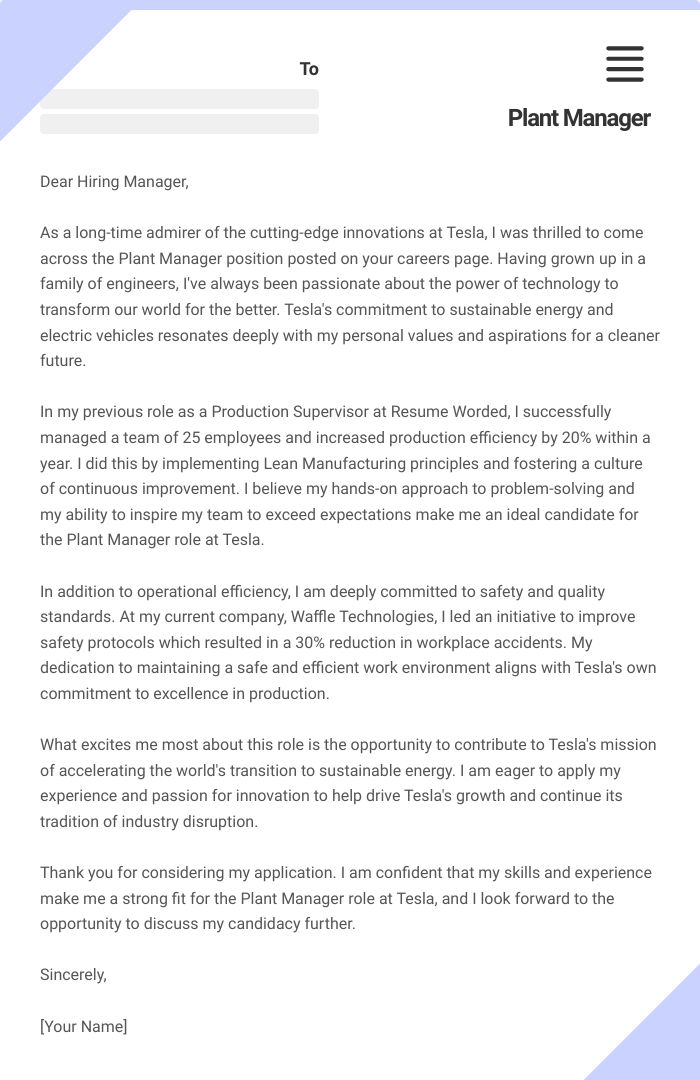 Plant Manager Cover Letter