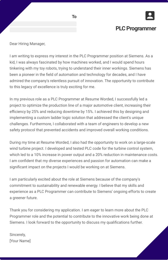 PLC Programmer Cover Letter
