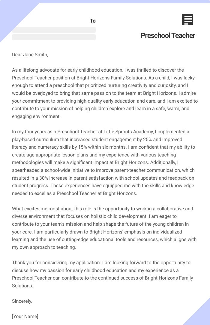 Preschool Teacher Cover Letter