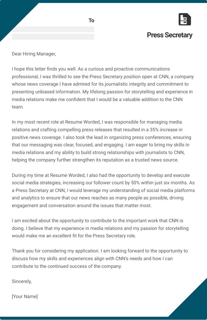 Press Secretary Cover Letter