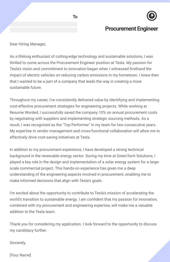 Procurement Engineer Cover Letter