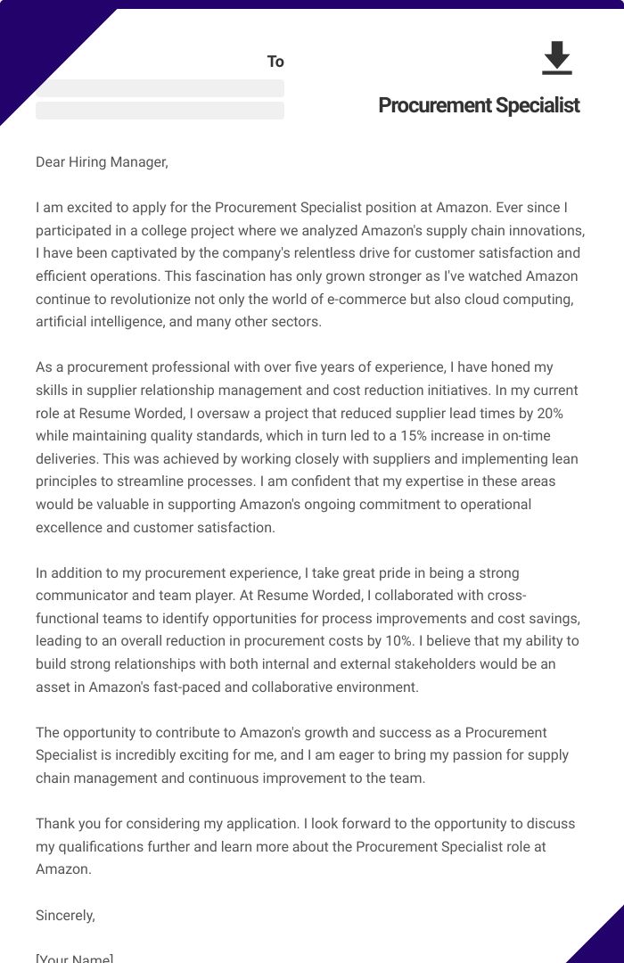 Procurement Specialist Cover Letter