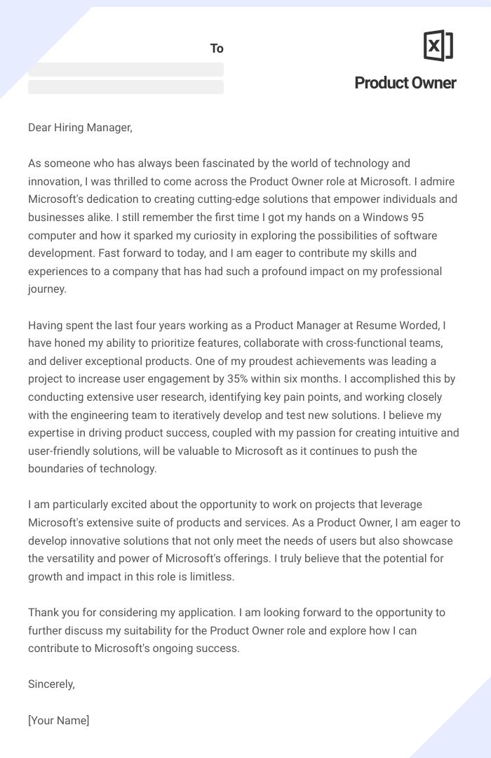 Product Owner Cover Letter