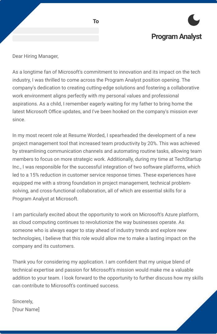 Program Analyst Cover Letter
