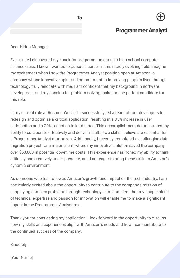 Programmer Analyst Cover Letter