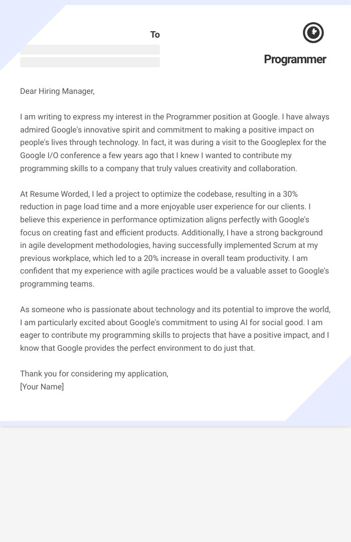 Programmer Cover Letter