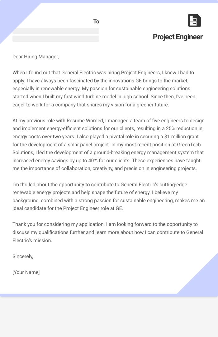Project Engineer Cover Letter