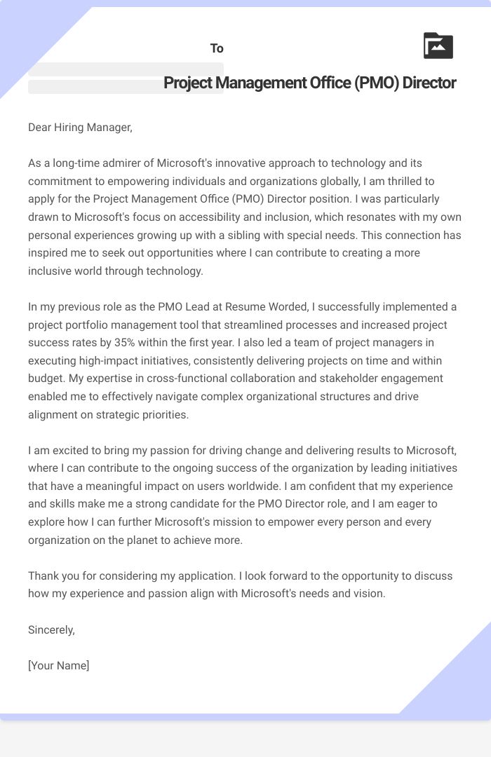 Project Management Office (PMO) Director Cover Letter