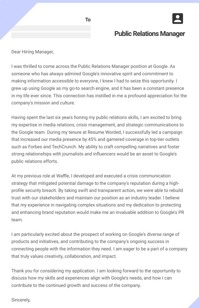 Public Relations Manager Cover Letter