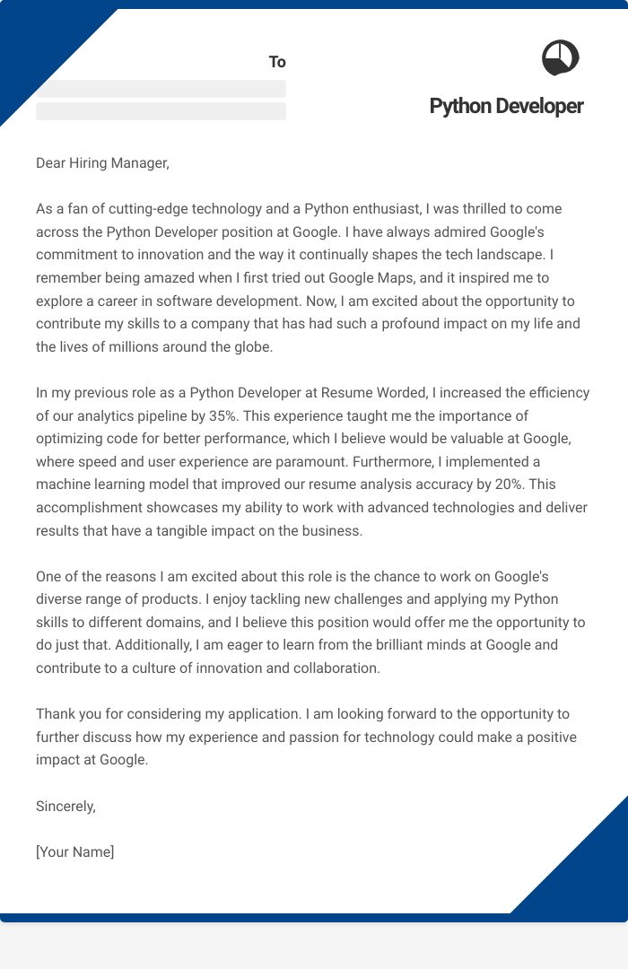 Python Developer Cover Letter
